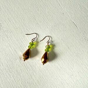 Beaded Tear Drop Green Amber Dangly Earrings